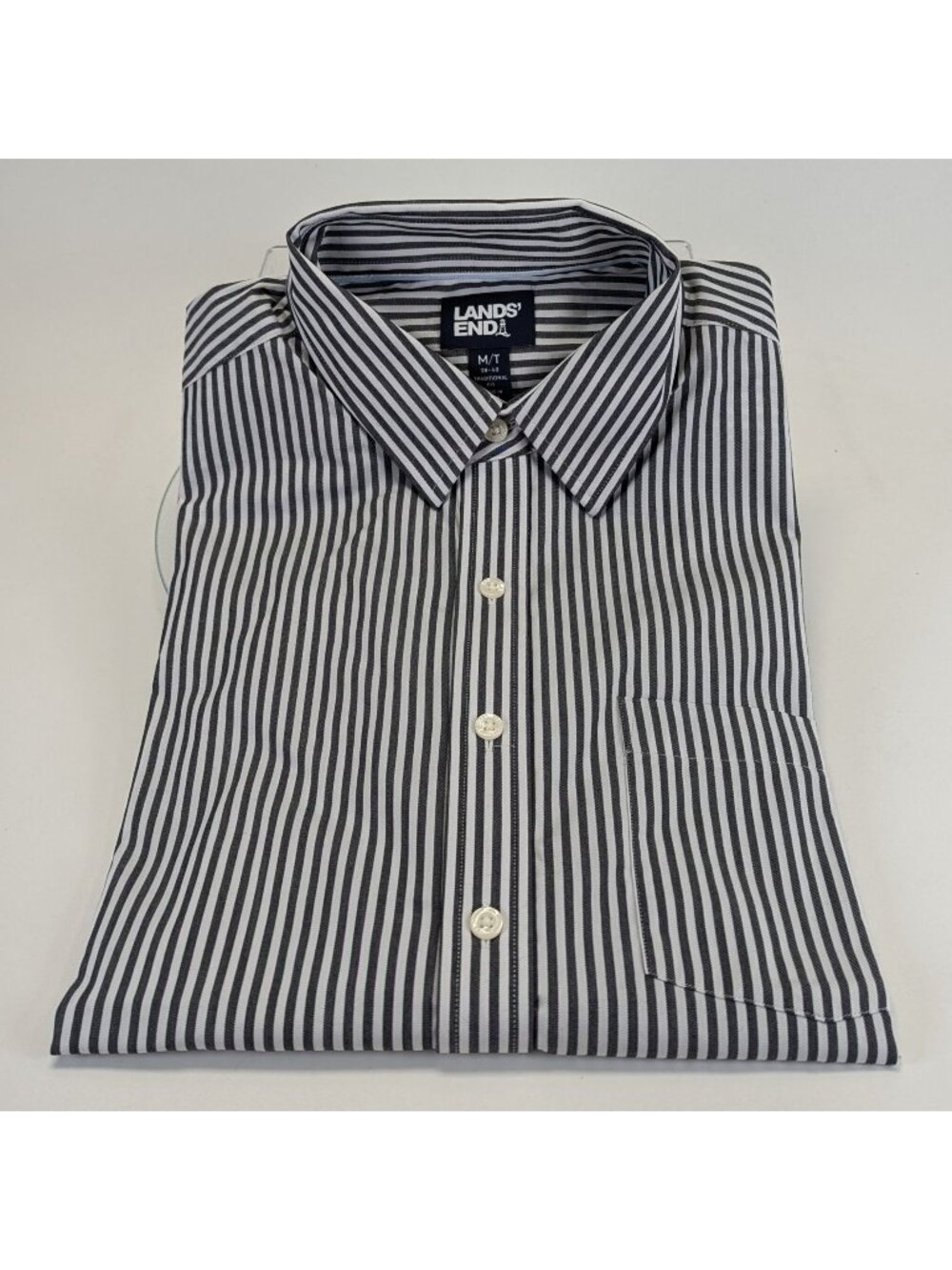 Lands End Mens Button Down Shirt M Tall 38-40 Black White Stripe Traditional Fit